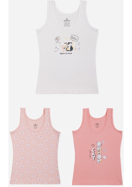 Kız Çocuk Kalın Askılı Renkli Baskılı Klasik Atlet 3'lü Paket 4362 Beyaz