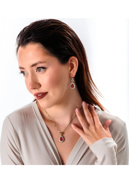 Hürrem Sultan Kırmızı Kadın 2'li Takı Seti Küpe Kolye Takım Bakır El Yapımı Kararma Yapmaz Kutulu