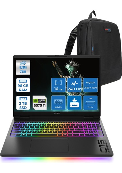 Omen Max 16-AH0037NT Intel Core Ultra 9 275HX 96GB Ddr5 2tb SSD Freedos 12GB Nvıdıa RTX5070TI 16 Inç 500NITS 2k Wqxga (2560 x 1600) 240HZ 3ms IPS Siyah C52QYEAF45 + Zetta Çanta