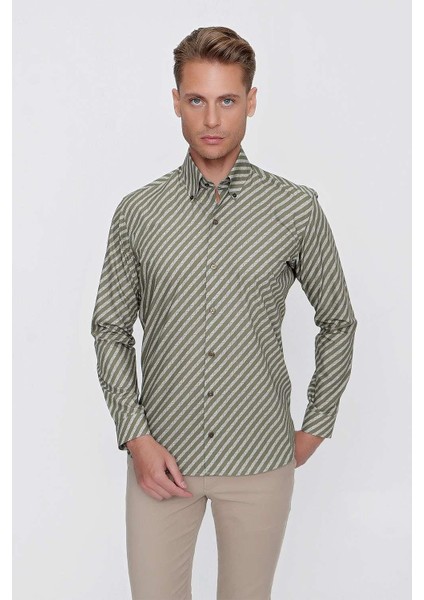 G 1517 Slim Fit Haki Spor Gömlek