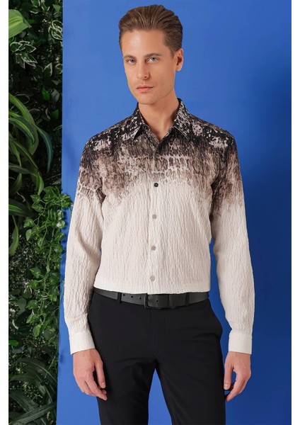 Comfort Fit Pano Desen Kırışık Dokulu %100 Pamuk Açık Kahve Gömlek G 1570 modelleri