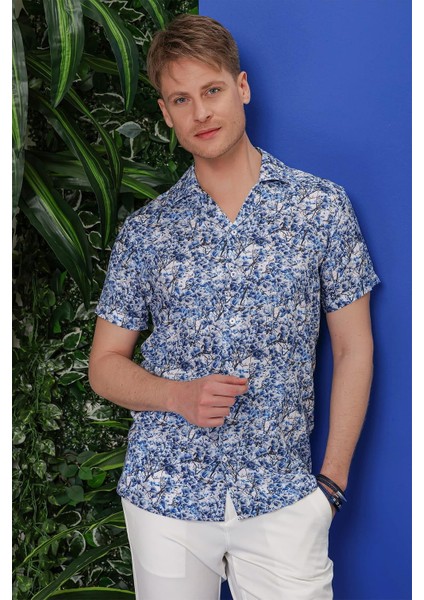 G 1538 Slim Fit Lacivert-Beyaz Klasik Gömlek