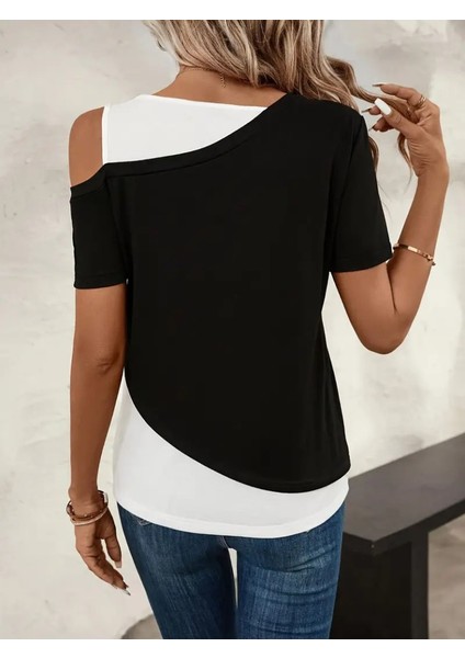 Kadın Kısa Kollu Geometrik Kesin Detaylı Çift Renkli Viskon Bluz fiyatları