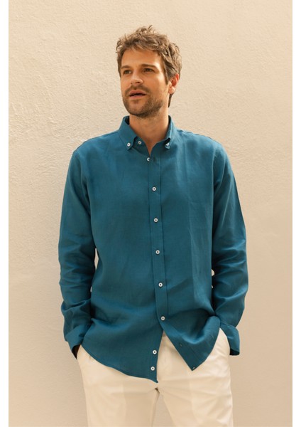 Erkek %100 Keten Petrol Mavisi Düğmeli Yaka Modern Fit Cepsiz Gömlek