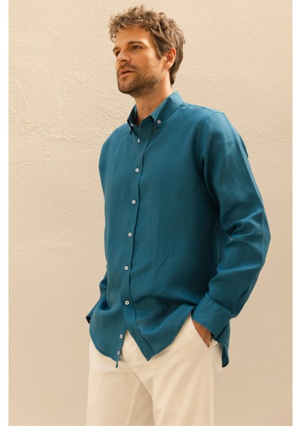 Erkek %100 Keten Petrol Mavisi Düğmeli Yaka Modern Fit Cepsiz Gömlek fiyatları