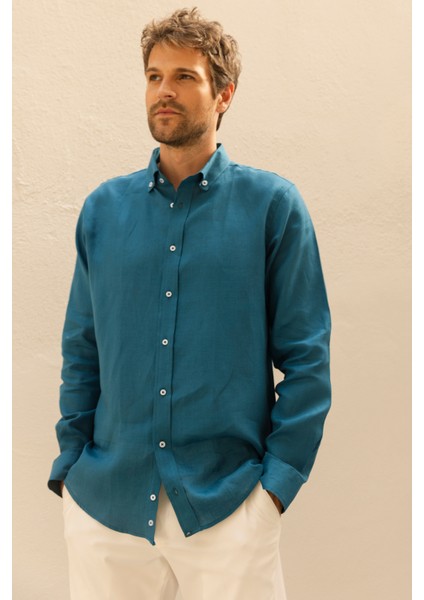 Erkek %100 Keten Petrol Mavisi Düğmeli Yaka Modern Fit Cepsiz Gömlek modelleri