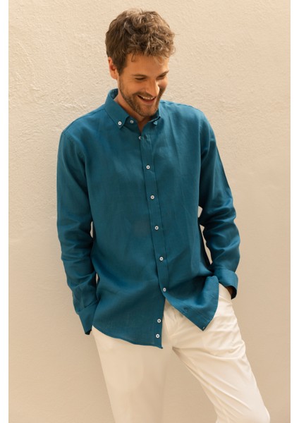 Erkek %100 Keten Petrol Mavisi Düğmeli Yaka Modern Fit Cepsiz Gömlek fırsatları