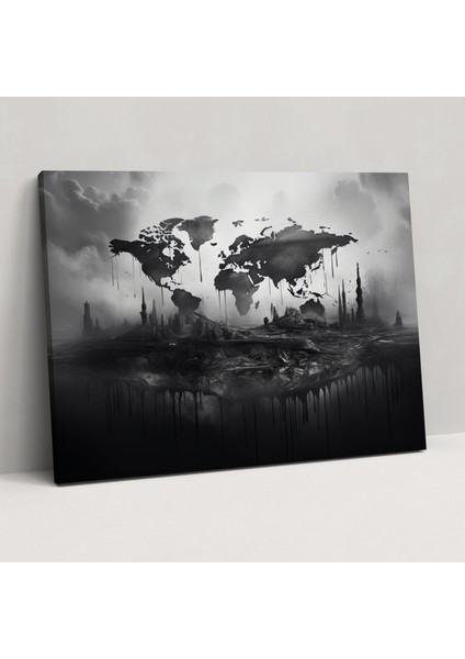Siyah Beyaz Dünya Haritası Kanvas Tablo - Dünya Haritası Ev Dekorasyonu