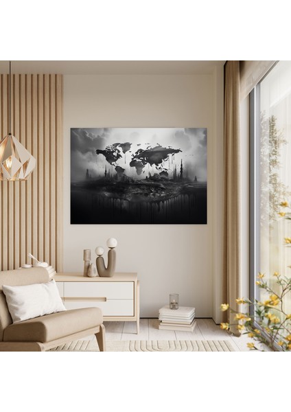 Siyah Beyaz Dünya Haritası Kanvas Tablo - Dünya Haritası Ev Dekorasyonu modelleri