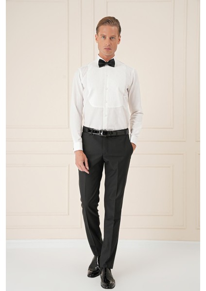 Slim Fit Duble Manşet Klasik Yaka Piliseli Beyaz Damatlık Smokin Gömlek Gk 732