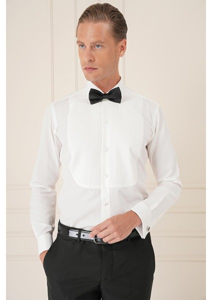 Slim Fit Duble Manşet Klasik Yaka Piliseli Beyaz Damatlık Smokin Gömlek Gk 732 fiyatları