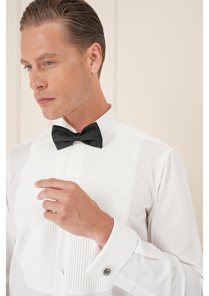 Slim Fit Duble Manşet Klasik Yaka Piliseli Beyaz Damatlık Smokin Gömlek Gk 732 modelleri