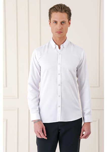 Slim Fit Düğmeli Yaka Dokulu Pamuklu Klasik Beyaz Gömlek Gk 717