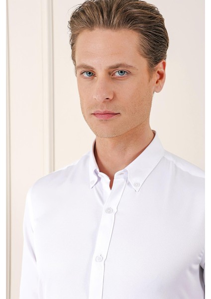 Slim Fit Düğmeli Yaka Dokulu Pamuklu Klasik Beyaz Gömlek Gk 717 fırsatları