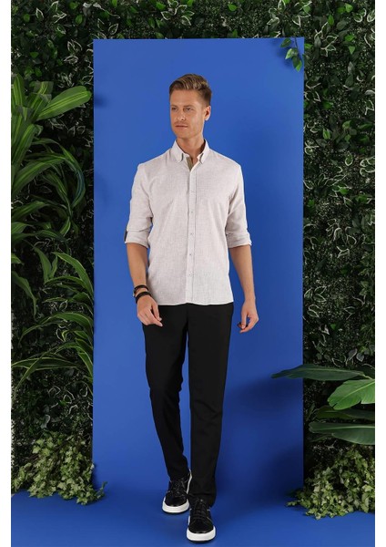 G 1555 Slim Fit Bej Klasik Gömlek