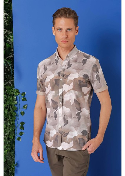Slim Fit Düğmeli Yaka Kamuflaj Desenli Kısa Kol Pamuk Bej Gömlek G 1500