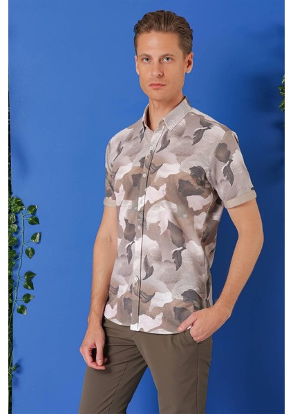 Slim Fit Düğmeli Yaka Kamuflaj Desenli Kısa Kol Pamuk Bej Gömlek G 1500 fiyatları