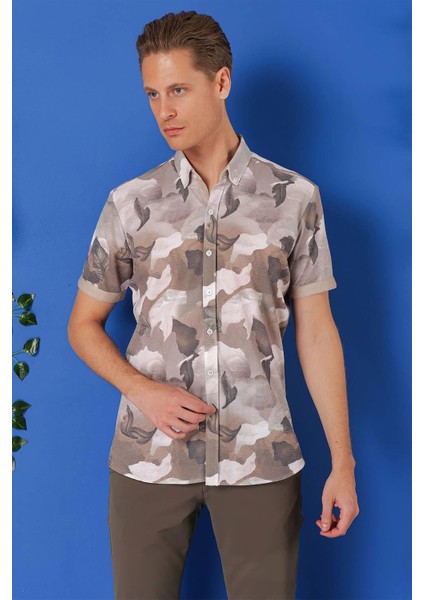 Slim Fit Düğmeli Yaka Kamuflaj Desenli Kısa Kol Pamuk Bej Gömlek G 1500 modelleri