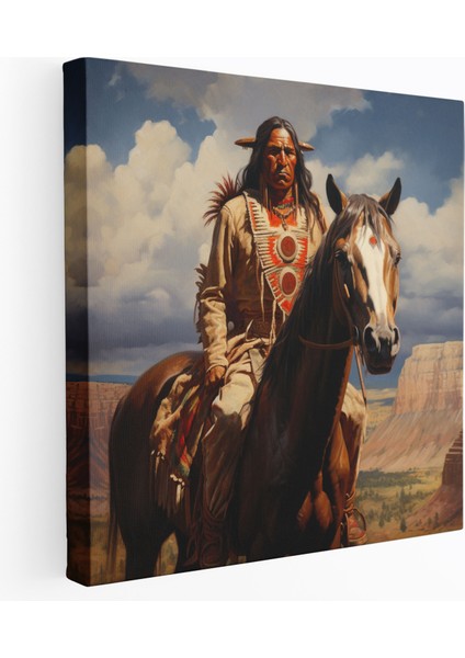 Kızılderili Kanvas Tablo - Heybetli Yerli Amerikan Şefi ve At Duvar Sanatı - Kızılderili Duvar Dekorasyonu Geniş Manzara Duvar Sanatı