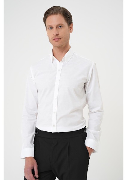 Slim Fit Düğmeli Yaka Dokulu %100 Pamuk Klasik Beyaz Gömlek Gk 726 fırsatları