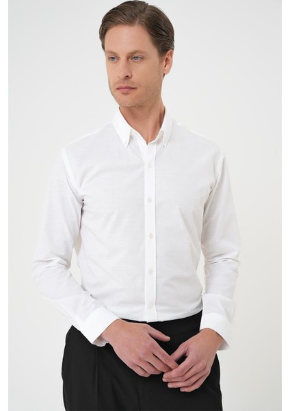 Slim Fit Düğmeli Yaka Dokulu %100 Pamuk Klasik Beyaz Gömlek Gk 726 indirimleri