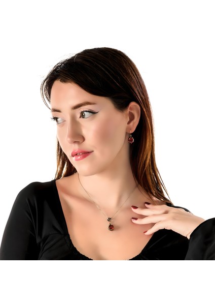 Mistik Işıltı Bordo Kadın 2'li Takı Seti Küpe Kolye Takım Bakır El Yapımı Kararma Yapmaz Kutulu