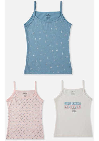 Kız Çocuk Pamuklu Ince Ip Askılı Renkli Baskılı Klasik Atlet 3lü Paket 4666 Renkli