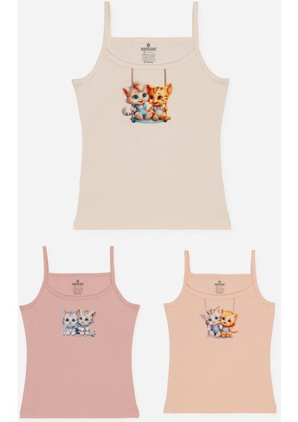 Kız Çocuk Pamuklu Ince Ip Askılı Renkli Baskılı Klasik Atlet 3lü Paket 4878 Renkli