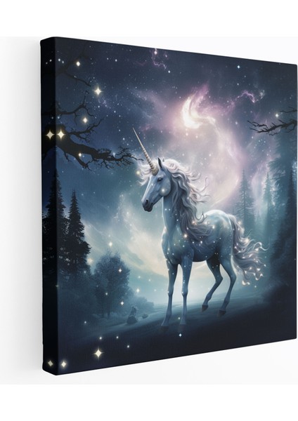 Muhteşem Unicorn Kanvas Tablo - Yıldızlı Bir Gece Gökyüzü Karşısında - Unicorn Dolunay Yıldızlı Gece Gökyüzü Duvar Sanatı