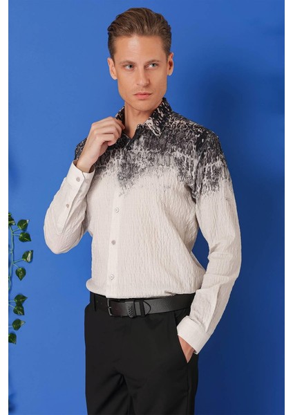 Comfort Fit Pano Desen Kırışık Dokulu %100 Pamuk Antrasit Gömlek G 1570 modelleri