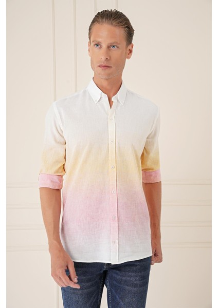 Comfort Fit Degrade Desen Apoletli %100 Keten Pembe Gömlek G 1572 fiyatları