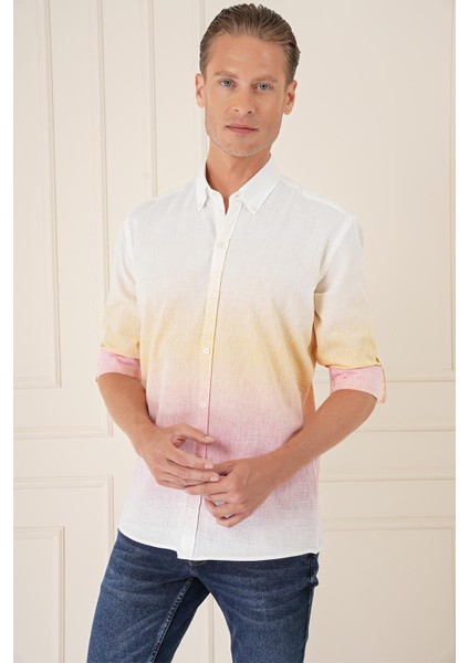 Comfort Fit Degrade Desen Apoletli %100 Keten Pembe Gömlek G 1572 modelleri