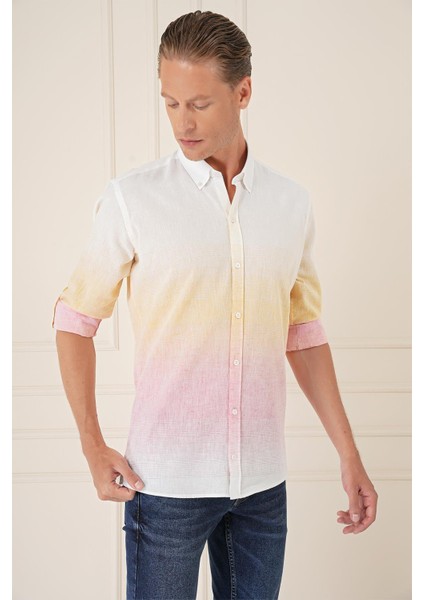 Comfort Fit Degrade Desen Apoletli %100 Keten Pembe Gömlek G 1572 fırsatları
