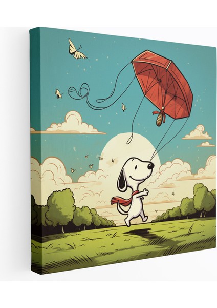 Snoopy Duvar Sanatı - Uçurtma Uçuran Kanvas Tablo - Retro Tasarım