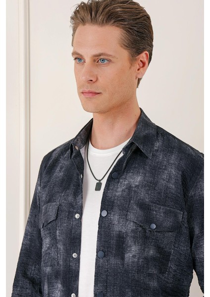 Comfort Fit Yan Cep Batik Desenli %100 Pamuk Çıtçıtlı Siyah Gömlek Ceket G 1568 fırsatları