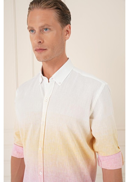 Comfort Fit Degrade Desen Apoletli %100 Keten Pembe Gömlek G 1572 indirimleri