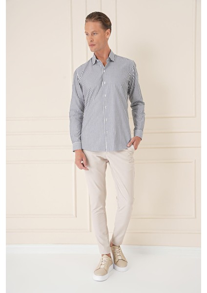 Slim Fit Dikine Çizgili %100 Pamuk Klasik Lacivert Beyaz Gömlek Gk 721