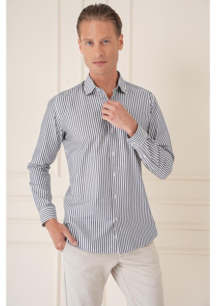 Slim Fit Dikine Çizgili %100 Pamuk Klasik Lacivert Beyaz Gömlek Gk 721 fiyatları