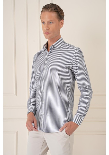 Slim Fit Dikine Çizgili %100 Pamuk Klasik Lacivert Beyaz Gömlek Gk 721 modelleri
