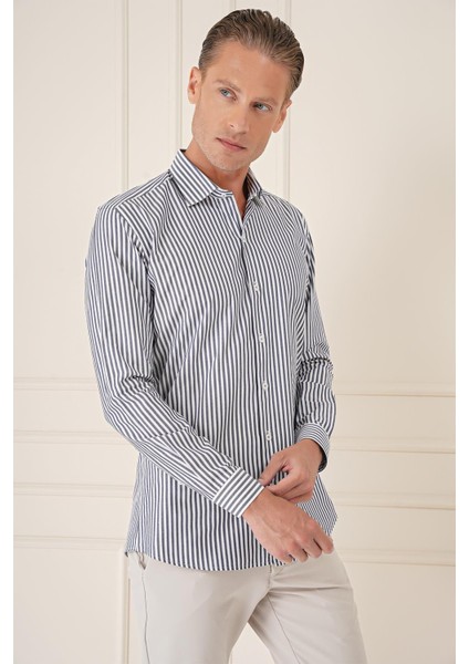 Slim Fit Dikine Çizgili %100 Pamuk Klasik Lacivert Beyaz Gömlek Gk 721 fırsatları