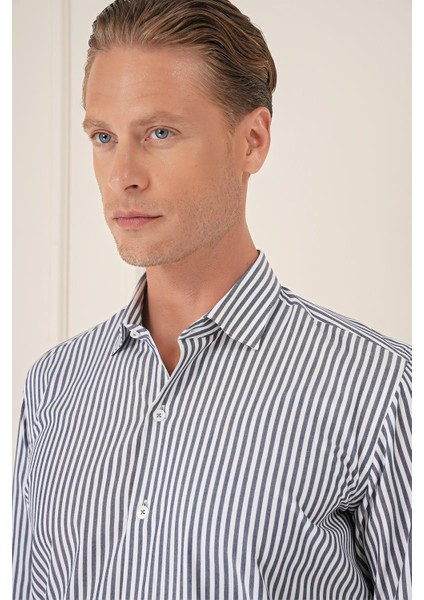 Slim Fit Dikine Çizgili %100 Pamuk Klasik Lacivert Beyaz Gömlek Gk 721 indirimleri
