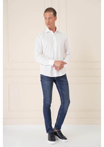 Slim Fit %100 Pamuk Non Iron Kumaş Klasik Beyaz Gömlek Gk 735