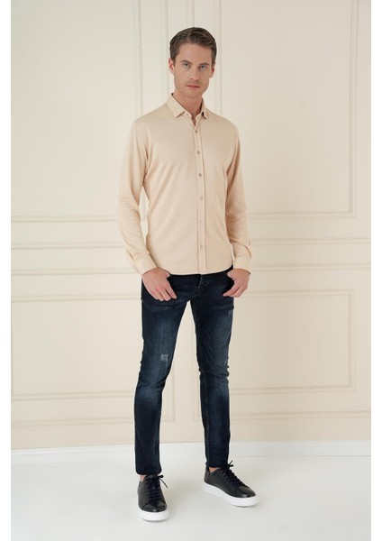 G 1583 Slim Fit Bej Klasik Gömlek