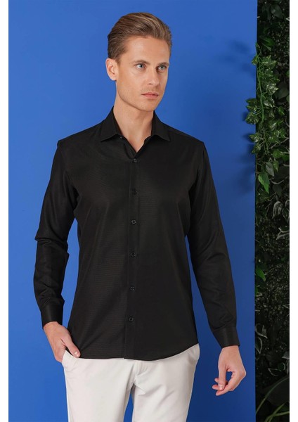 Gk 719 Slim Fit Dokulu Pamuklu Klasik Siyah Gömlek fiyatları