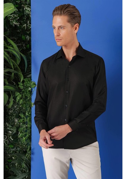Gk 719 Slim Fit Dokulu Pamuklu Klasik Siyah Gömlek fırsatları