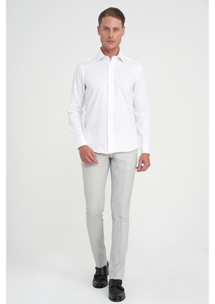 Slim Fit %100 Pamuk Non Iron Kumaş Dokulu Klasik Beyaz Gömlek Gk 744