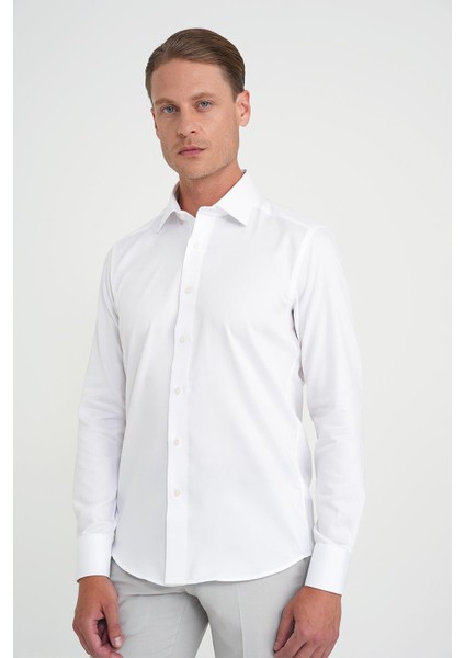Slim Fit %100 Pamuk Non Iron Kumaş Dokulu Klasik Beyaz Gömlek Gk 744 fırsatları
