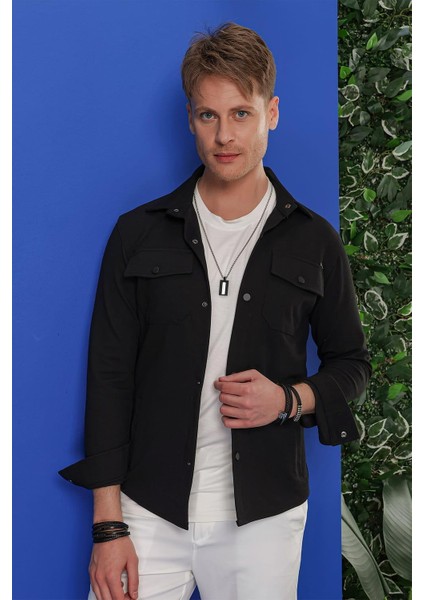 Comfort Fit Kapaklı Cep Çıtçıtlı Esnek Pamuk Siyah Gömlek Ceket G 1550