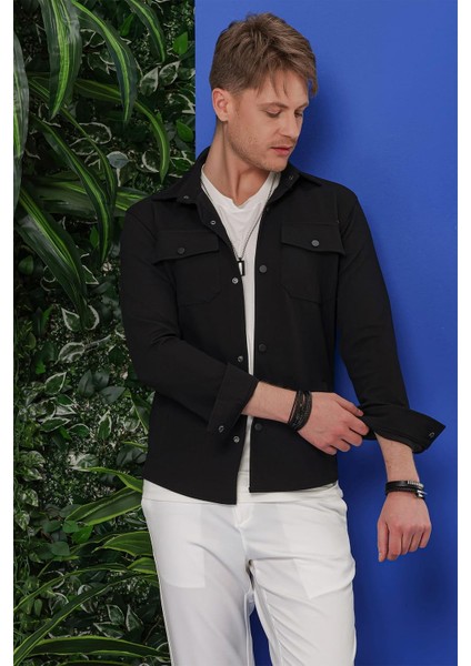 Comfort Fit Kapaklı Cep Çıtçıtlı Esnek Pamuk Siyah Gömlek Ceket G 1550 fiyatları