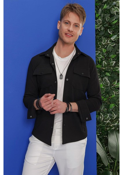 Comfort Fit Kapaklı Cep Çıtçıtlı Esnek Pamuk Siyah Gömlek Ceket G 1550 modelleri
